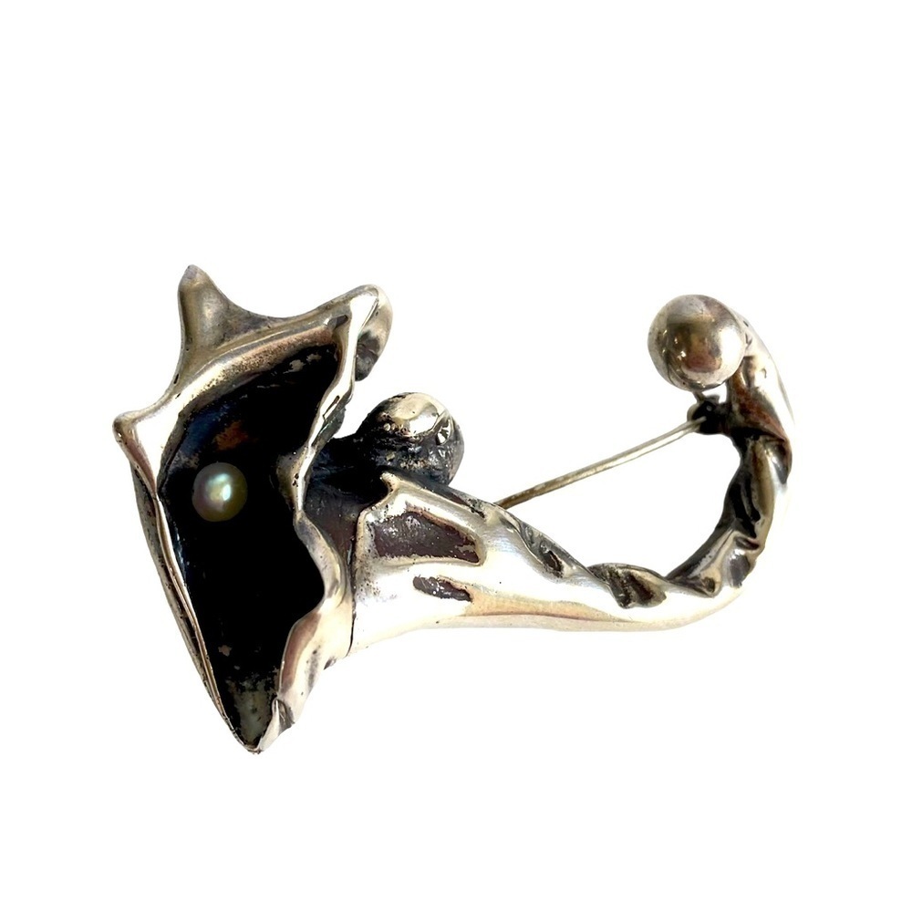 Vintage Handmade‎ Sterling Silver Brooch Brutalist Calla Lily Boutonnière Pin